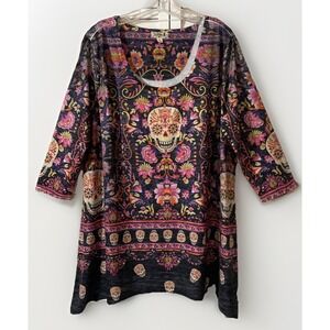 One World Top Size XL Sugar Skull Rhinestone Accent 3/4 Sleeve All Over Print